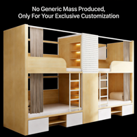 Lit superposé en bois moderne sur mesure pour université avec bibliothèque intégrée et armoire, chambre à coucher entièrement fermée pour 2 personnes, idéal pour dortoir scolaire