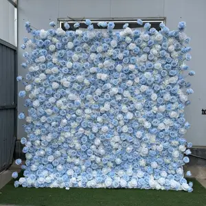 KL-WA105 Wholesale Wedding Artificial Cloth Back Silk White Rose 5d Roll Up Flower Wall Backdrop 8ft X 8ft For Event Decor