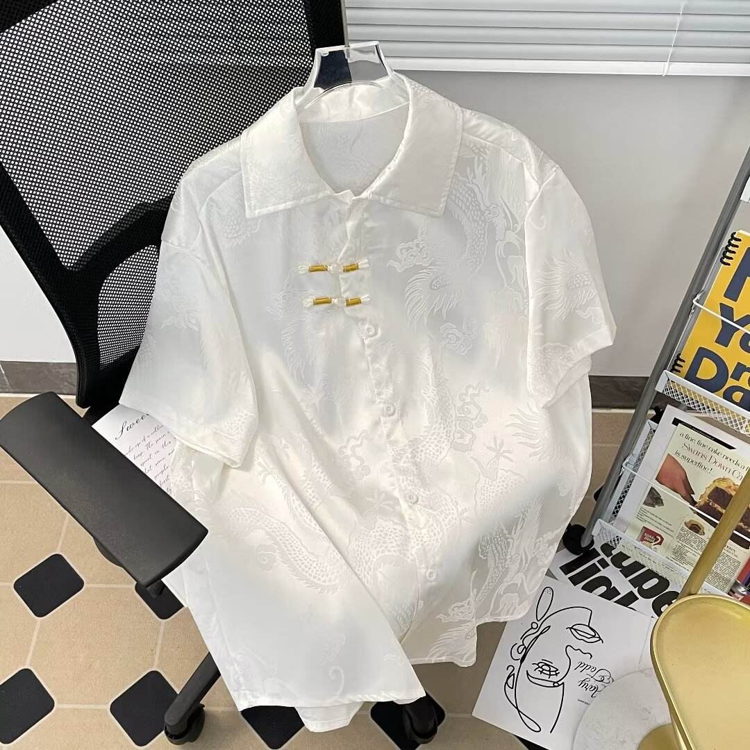 New Chinese Style Pattern Short Sleeve Shirt Men's Summer Ice Silk