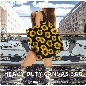 Custom logo Sunflower Print Tote <b>Bag</b> Black Canvas <b>Fabric</b> Shoulder Handle Large Shopping <b>Bag</b> Daily Use - Product Image 2