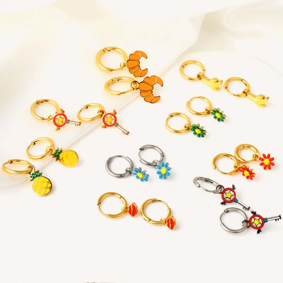 Moda Trendy 316 in acciaio inox Banana ananas fiori orecchini cerchio Charms all'ingrosso carino orecchini gioielli placcati oro 18 carati