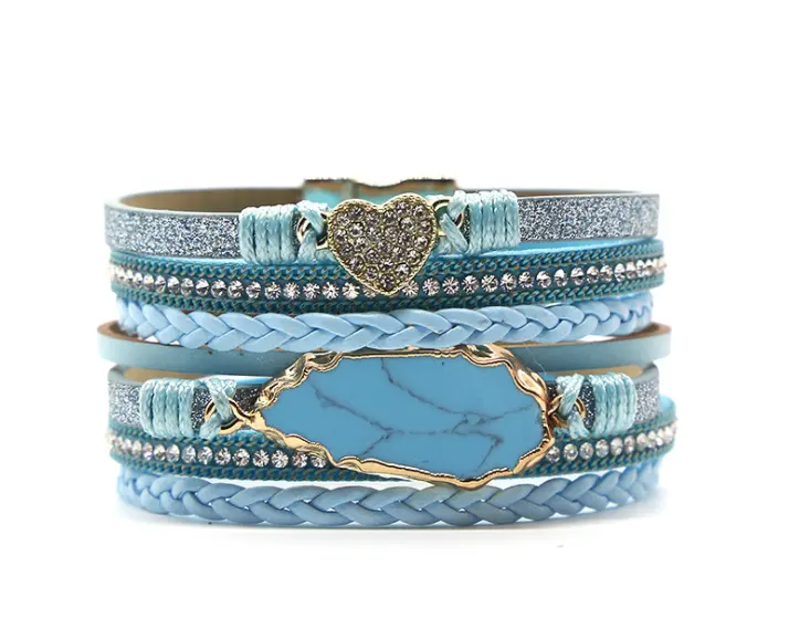 Vrouwen Hart Multiwrap Lederen Armbanden Turquoise Steen Kristallen Luxe Lederen Wrap Armbanden Magnetische Lederen Armbanden