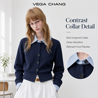 VEGA CHANG Sweat-shirt pour femme à col polo boutonné, effet deux pièces, avec design de poignets, manches longues, coupe courte, en tissu doux