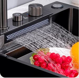 Fregadero de cocina hecho a mano de acero inoxidable Nano Black 304 de nueva tendencia con grifo de cascada de montaje estilo de granja para uso doméstico - Product Image 4