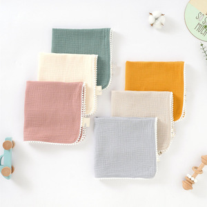 Asciugamano Quadrato per Neonati 100% Cotone <span class=keywords><strong>Mussola</strong></span> Doppio Strato Garza Assorbente con Pompon e Pizzo Morbido per Uso Domestico - Product Image 1