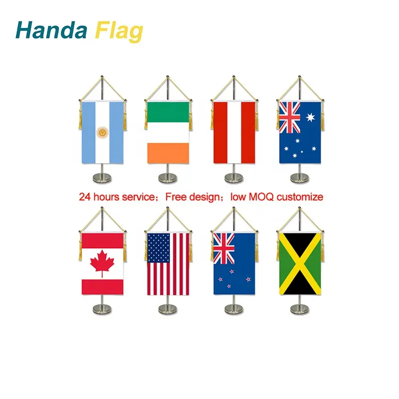 HanDa זול מיני הדפסת משי בהתאמה אישית דגל עם מוט ומעמד בסיס כל המדינות דגל שולחן לאומי
