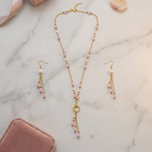 Custom Rhodium Plated Imitation Pearl Jewelry Set with Rose Quartz Bead Tassel Drop Lariat Necklace & Earrings for Women - Product Image 6