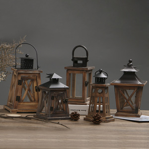Z55 Bougies LED en bois rustique Table marron foncé Lanternes à bougies décoratives Mariage Bougeoirs et bocaux sans flamme - Product Image 1