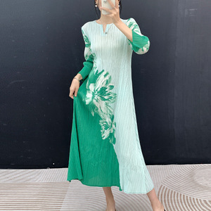 Vestido Midi Plisado Miyake Estilo Nacional para Mujer, con Estampado Floral, Manga Larga, Corte Holgado, Ecológico, Transpirable, Ropa Casual de Verano - Product Image 3