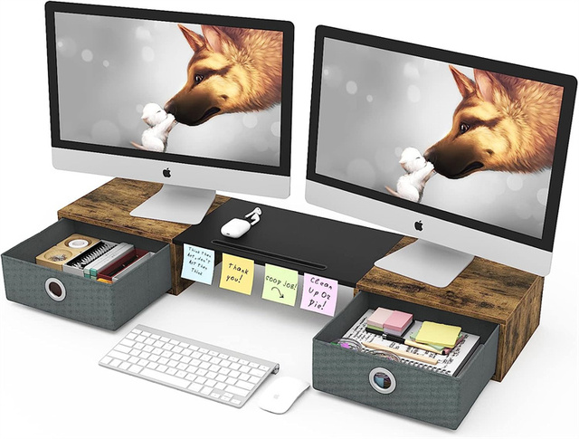 Dual Monitor Stand Riser with Two Drawers, Extra Large Desktop Storage for 2 Monitors