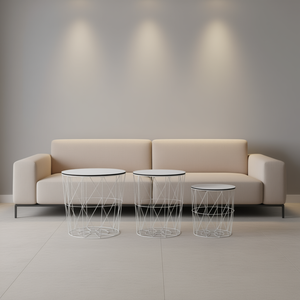 Set di 3 tavolini da caffè in MDF bianco e metallo, impilabili, minimalisti, moderni, per soggiorno, di piccole, medie e grandi dimensioni - Product Image 2
