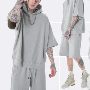 Premium oversized unisex 100% cotton t-shirt 2023 short sleeve hoodie mens tshirt and short set