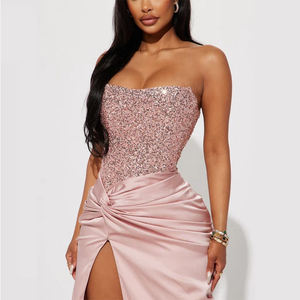 Glamorous Pink Sequin Strapless Maxi Dress with Twist Waist and High Slit Formal Evening <strong>Gown</strong> for Prom Customizable - Product Image 2