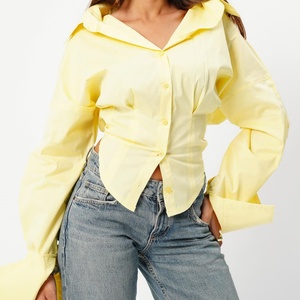 Blusa Corta de Alta Calidad Personalizada con Cinturón, de Popelina de Algodón para Mujer, con Botones en los Puños - Product Image 2