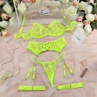 Nouveau néon 4 pièces ensemble broderie transparente femmes Lingerie érotique Transparent broderie florale ensemble de lingerie