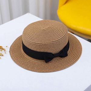 Chapeaux de plage d'été en gros pour enfants, protection solaire, chapeau de paille à calotte plate pour enfants avec ruban - Product Image 5