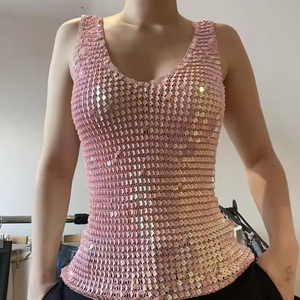Top Midi de verano hecho <span class=keywords><strong>a</strong></span> mano para mujer, <span class=keywords><strong>camiseta</strong></span> sin mangas informal con <span class=keywords><strong>tirantes</strong></span> finos y lentejuelas huecas de punto de <span class=keywords><strong>ganchillo</strong></span> liso - Product Image 1