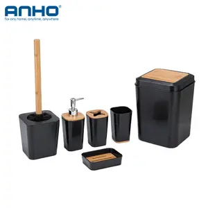 Set Produk Aksesori Kamar Mandi Bambu Elegan Tempat Sikat Toilet Tempat Sabun Dispenser Sikat Gigi Tempat Sabun Cuci Piring