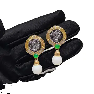 Vintage Freshwater Earring Female Exquisite Carving Apollo Ancient Coins Drop Earrings Luxury Gold Color Party Jewelry