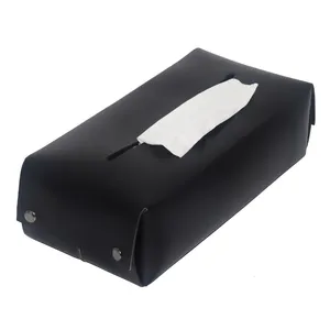Caja de pañuelos de cuero auténtico, caja Simple de tejido negro para interior y exterior