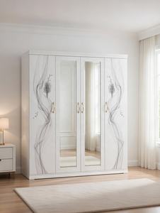 Armario Moderno Minimalista de Acero con 4 Puertas, Panel de Espejo con Impresión Abstracta de Ondas Doradas, <span class=keywords><strong>Mueble</strong></span> Metálico para Dormitorio - Product Image 4