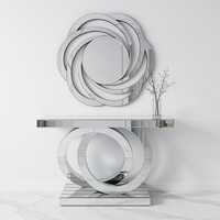 Table console moderne de luxe en verre argenté avec base ronde et miroir mural pour l'entrée du couloir