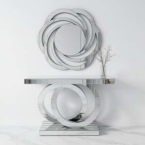 Modern Luxury Silver Glass Round Base Mirrored <strong>Console</strong> <strong>Table</strong> With Wall Mirror <strong>for</strong> Hallway Entrance - Product Image 2