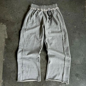Custom Streetwear Distressed Sweat <strong>Pants</strong> French Terry Raw Hem Cotton Grey <strong>Baggy</strong> Wide Leg Oversized Men Sweatpants - Product Image 1