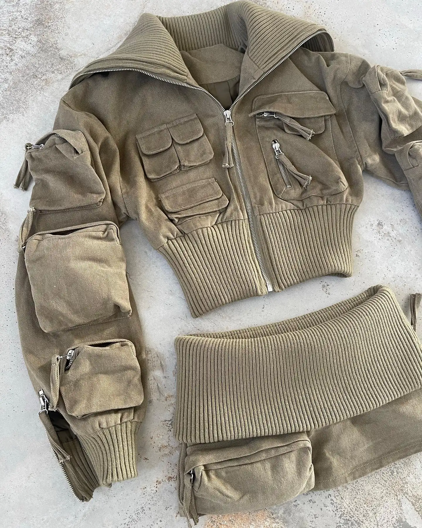 WT Custom Minirock Zip Up Jacke Frauen Kleid Set Cargo Pocket Blank Matching Outfit Anzug Herbst Zweiteiler Set