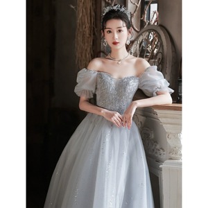Silver Gray Ball Gown Off The Shoulder Empire Waist Vintage Evening Dress For Birthday Graduation Ceremony - Product Image 3