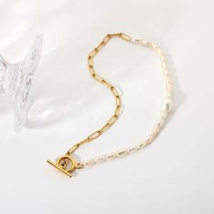 طقم مجوهرات جديدة عصرية من الفولاذ المقاوم للصدأ 18 قيراط من سلسلة ربط لؤلؤ المياه العذبة مع مشبك لؤلؤ - Product Image 5