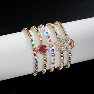 New Trendy Fashion Gold Beads Beaded Stretch <b>Bracelet</b> With <b>Cute</b> Colorful Enamel Heart Charm <b>Bracelets</b> for Women Girls - Product Image 3