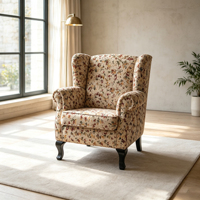 Fauteuil d'appoint vintage en tissu floral avec dossier haut et pieds en bois massif pour salon