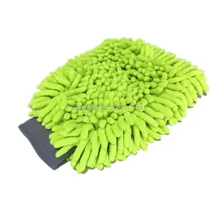 Soft Auto Detailing Cleaning Glove Premium Scratch-Free Lime Green Noodle Microfiber Chenille Car Wash Mitt With Gray Cuff