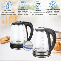 Bouilloire électrique sans fil Mylongs en verre 2,0 L, base rotative à 360°, éclairage LED bleu, contrôle de la température, protection contre l'ébullition à sec