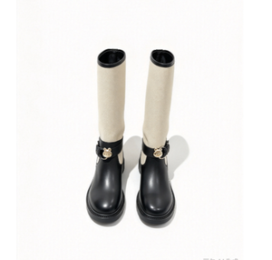Botas de Invierno Negras y Beige, Botas Altas hasta la Rodilla con Hebilla, Impermeables, Punta Redonda, Calzado para Clima Frío, MOQ Bajo, OEM, ODM - Product Image 6