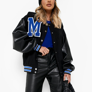 Chaqueta Varsity Elegante de Invierno para Mujer, Mangas de Cuero Vacuno, Exterior de Lana, Cuello Alto, Tejido Transpirable, Ligera y Cómoda - Product Image 3