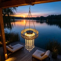 Lustre Suspendu Bohème à Énergie Solaire avec Cristaux, Étanche IP65, Luminaire Perlé pour Balcon, Jardin et Décoration de Fête
