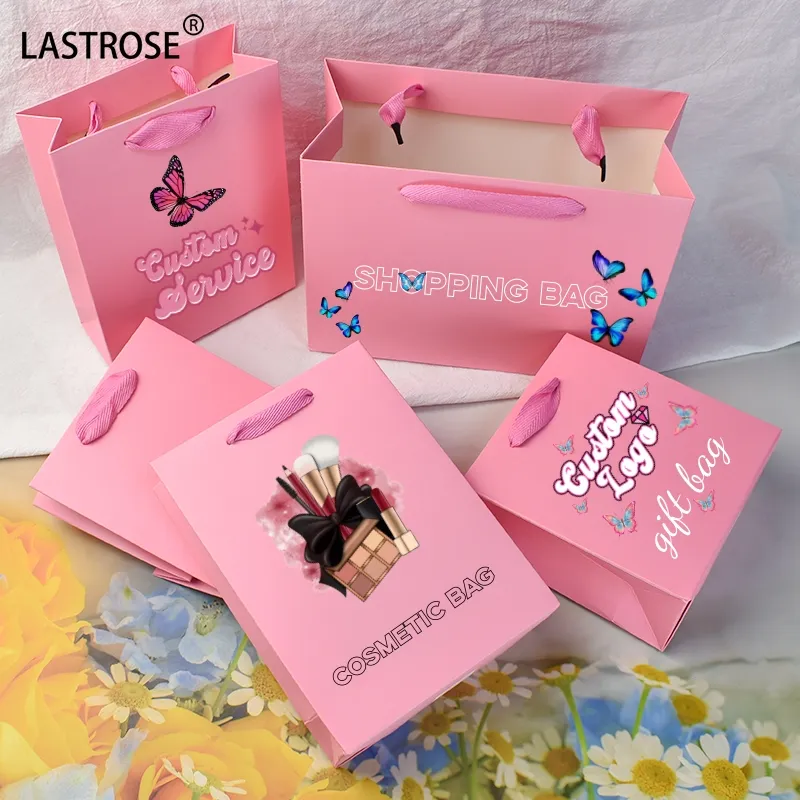 Private label luxury pink shopping paper bag with handle wholesale small gift recyclable paper packaging bag