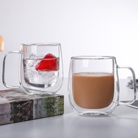 Tasse à café et à eau en verre double paroi 250 ml/350 ml, résistante à la chaleur, anti-brûlure, passe au lave-vaisselle, moderne, unisexe, avec poignées