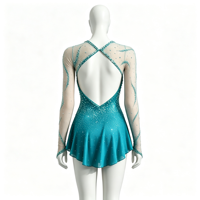 Robe de patinage artistique vert sarcelle, col en V, manches longues en maille, dos ouvert croisé, jupe entièrement ornée de strass pour adultes et enfants