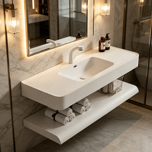 <span class=keywords><strong>Meuble</strong></span> de salle de bain suspendu mural moderne avec 2 niveaux et vasque simple ou double, personnalisable OEM <span class=keywords><strong>pour</strong></span> hôtel et maison - Product Image 1