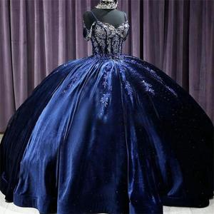 Navy Blue Velvet Ball Gown Sweetheart Neckline Empire Waistline Princess Style Evening Dress For Quinceanera Or Performance - Product Image 1