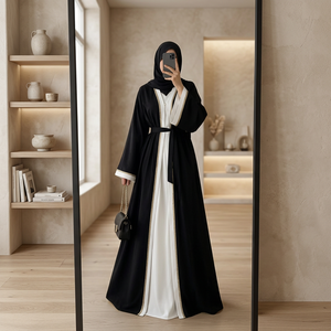 Élégante Abaya AL HIJRAH Noire et Blanche en Satin Infroissable, Col en V, Manches Longues, Longueur Ras du Sol, Robe Modeste pour Femmes Adultes au Quotidien - Product Image 2