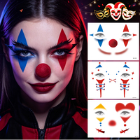 Stiker Tato Wajah Sementara Non-Toksik untuk Riasan Cosplay, Desain Badut Halloween dengan Hidung Merah Berlian dan Garis Senyum