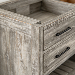 Meuble sous-vasque de salle de bain en bois massif gris patiné style ferme avec 2 tiroirs - Product Image 3