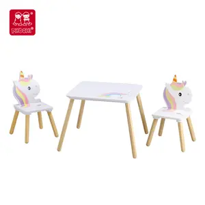 New arrival children school home kindergarten white wooden Unicorn Table and 2 Chairs kids furniture