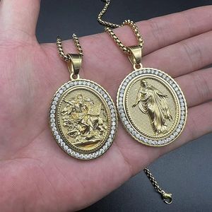 Collier pendentif religieux Hip Hop Yunnique en acier inoxydable plaqué or avec zircon, breloque ovale Jésus Saint, chaîne, cadeau, bijoux - Product Image 4