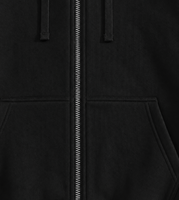 Sudadera con capucha negra de algodón grueso con cremallera completa, logotipo personalizado, hombros caídos, estilo oversize, bolsillo canguro y puños acanalados.