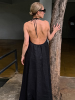 Robe longue trapèze décontractée pour femme en coton et lin, col U noir, coupe régulière, style rétro élégant, tenue décontractée européenne et américaine